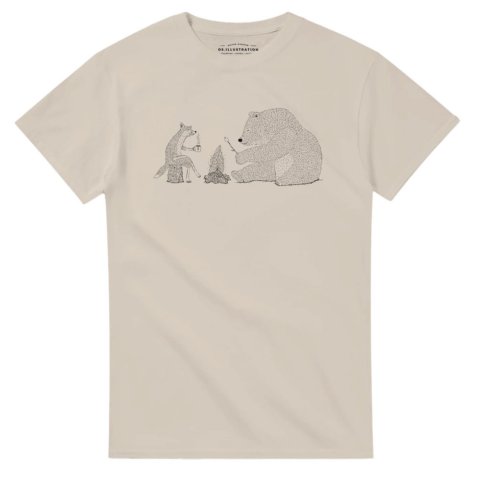 Thumbnail: Fox and bear camping by fire illustrated in fine line on a heavyweight t-shirt by Os illustration