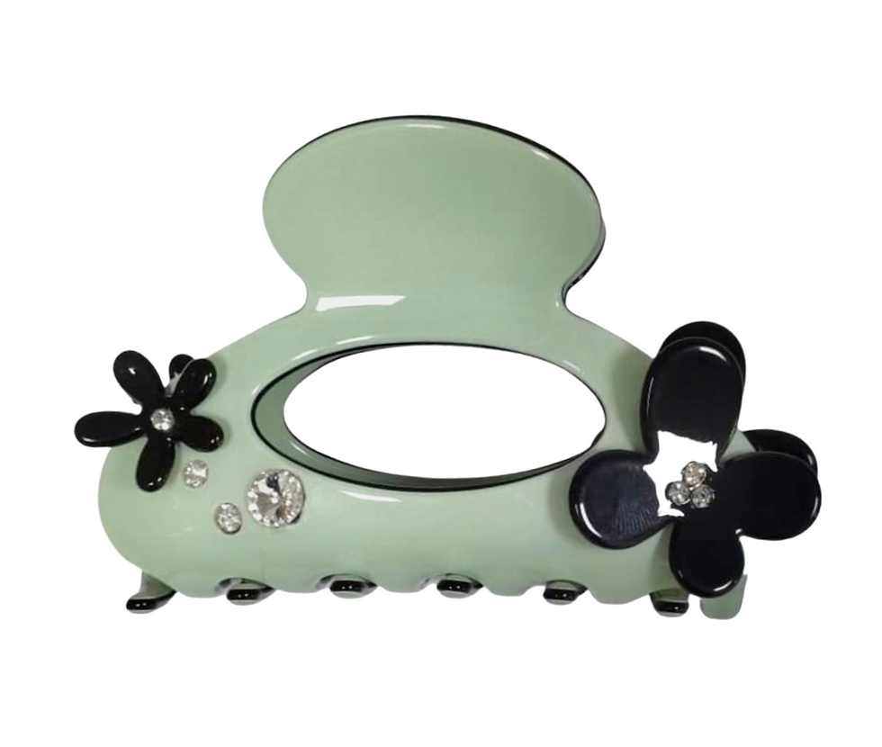 Premium Acetate Large Hairclaw with Swarovski Crystal&Flowers -Green Ash