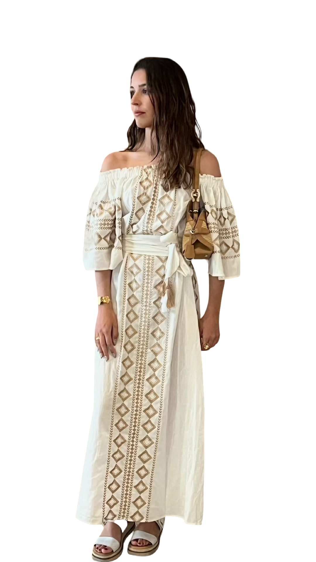 Olympia Off- shoulder Linen embroidered Dress