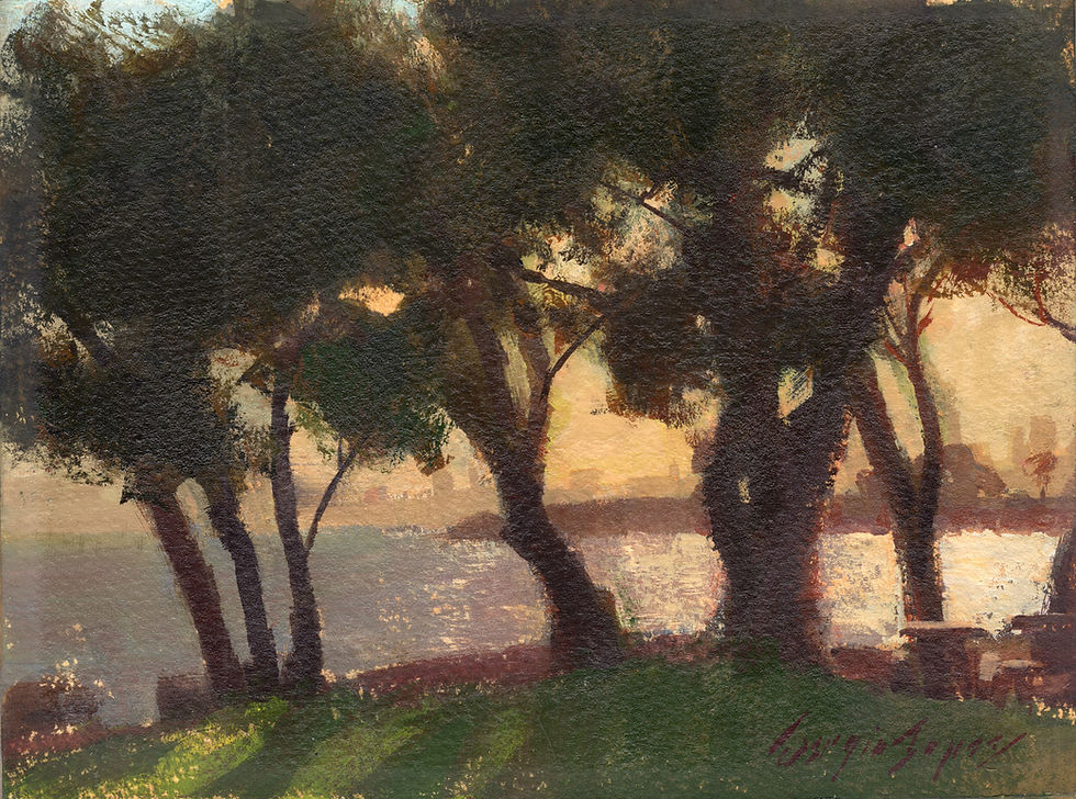 "In The Golden Fog" 6x8 inches. Gouache on watercolor paper mounted to board.