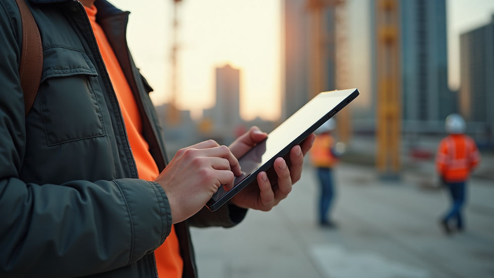 Close-up view of an engineer using a tablet during a construction project