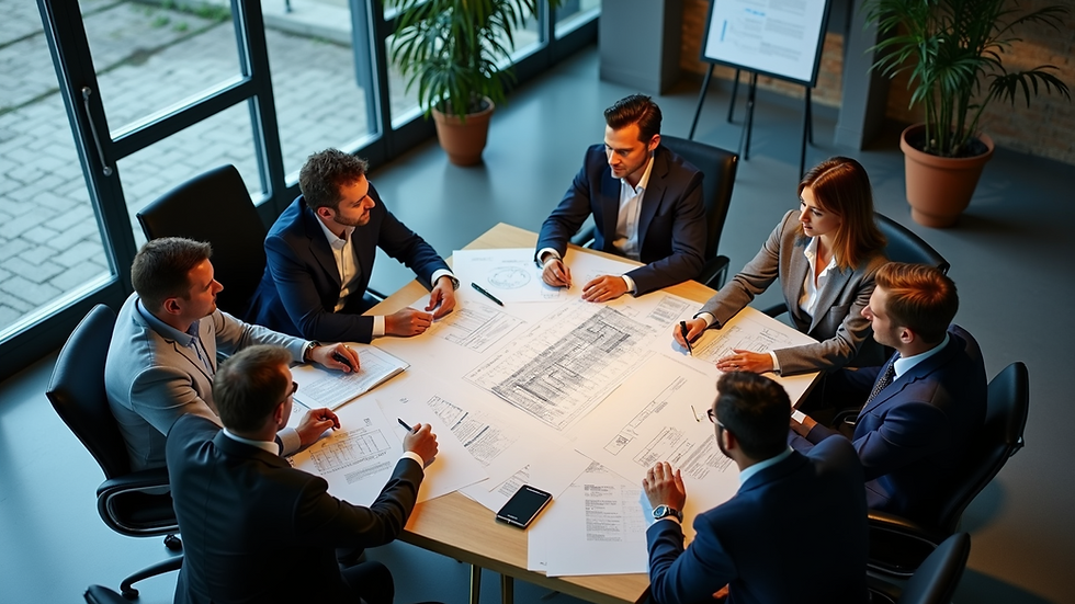High angle view of a collaborative engineering meeting with diverse professionals