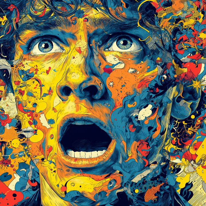 Surreal portrait of a person with an expressive face, surrounded by vibrant splashes of yellow, blue, and orange, conveying shock or awe.