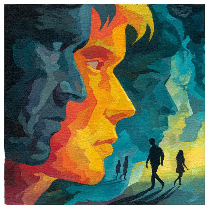 Abstract artwork shows colorful side profiles and silhouettes of people walking. The mix of warm and cool tones creates a dreamlike mood.
