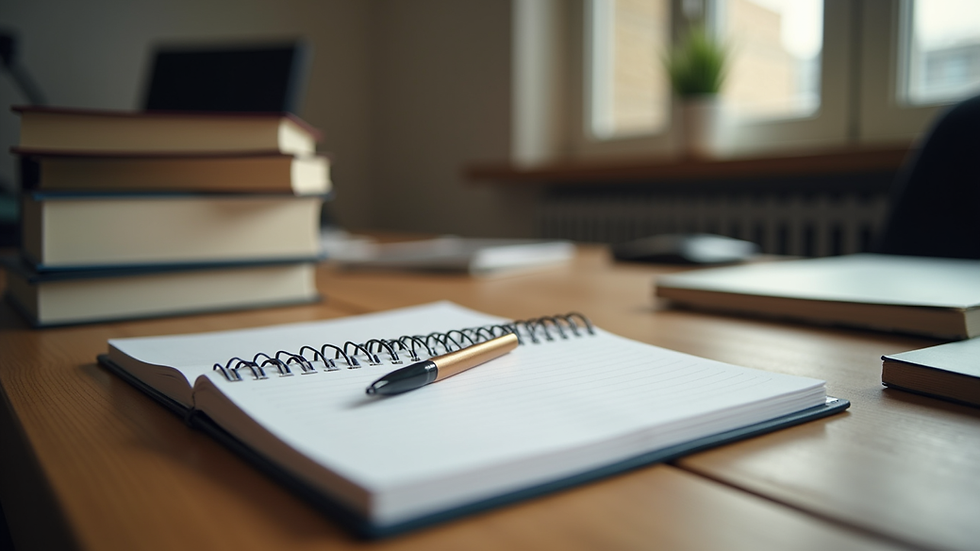 Eye-level view of a tidy study desk with books and a notebook