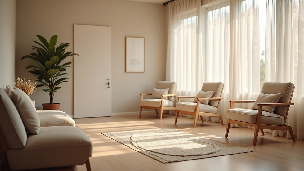 Eye-level view of a calm therapy room with soft lighting and comfortable chairs