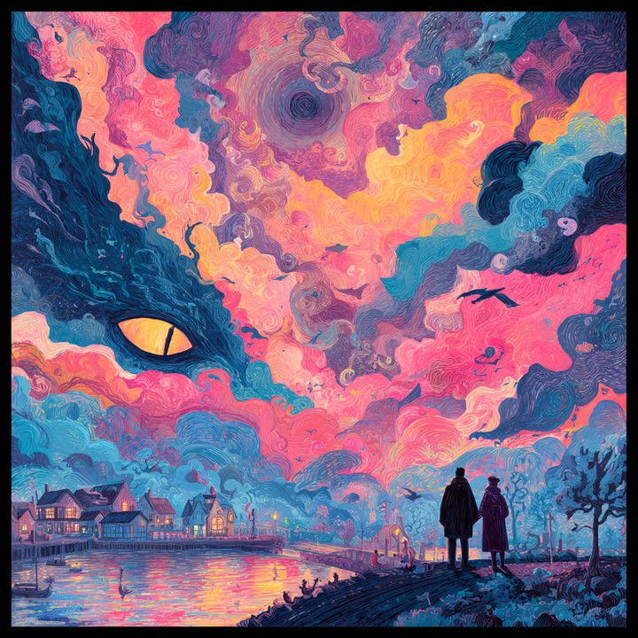 Two silhouetted figures watch colorful swirling skies with a giant eye over a quaint town by the water, creating a surreal, mystical scene.