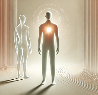 Two human figures in a calm, minimalist setting, one with a glowing heart symbolizing emotional clarity and self-awareness. T