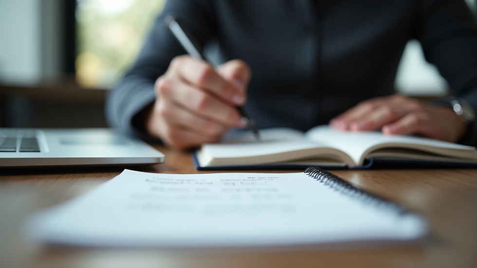 Eye-level view of a person writing notes on a notebook with a laptop nearby
