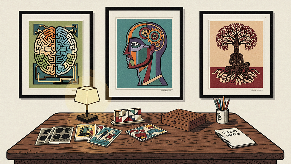 Eye-level view of a psychologist’s desk with testing materials neatly arranged