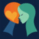 Two stylized profiles, one teal and one orange with a heart, face each other on a dark blue background, conveying a peaceful connection.