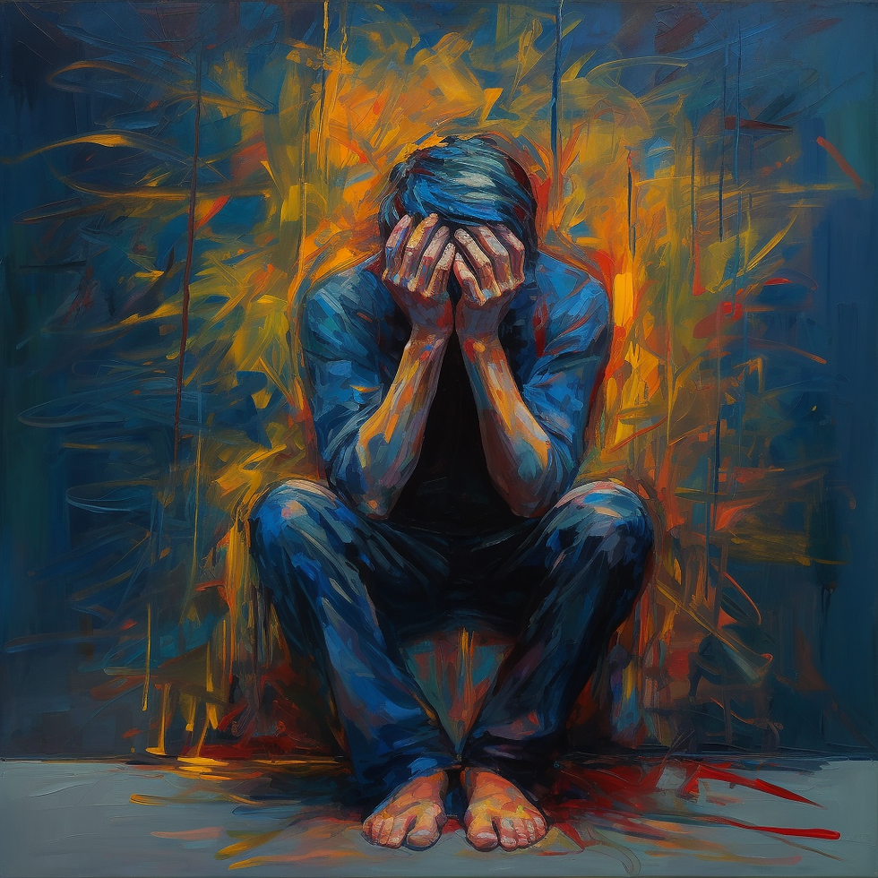 Oil paint art. man crouched head in hands. stressed. blue and orange