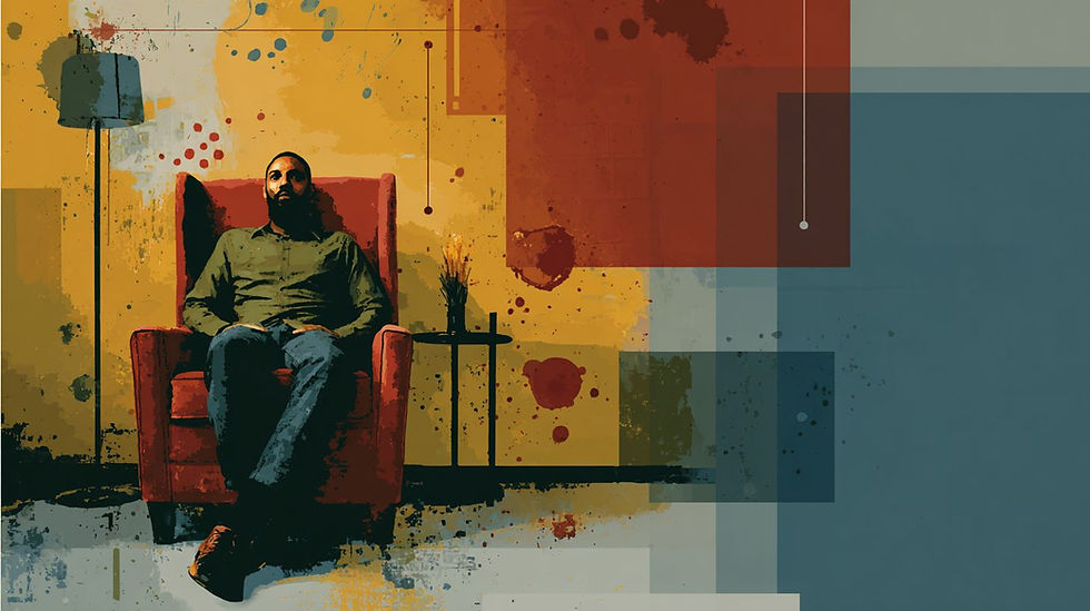 Man sitting in a red chair against a colorful abstract background. A lamp and small table with flowers are beside him. Calm atmosphere.
