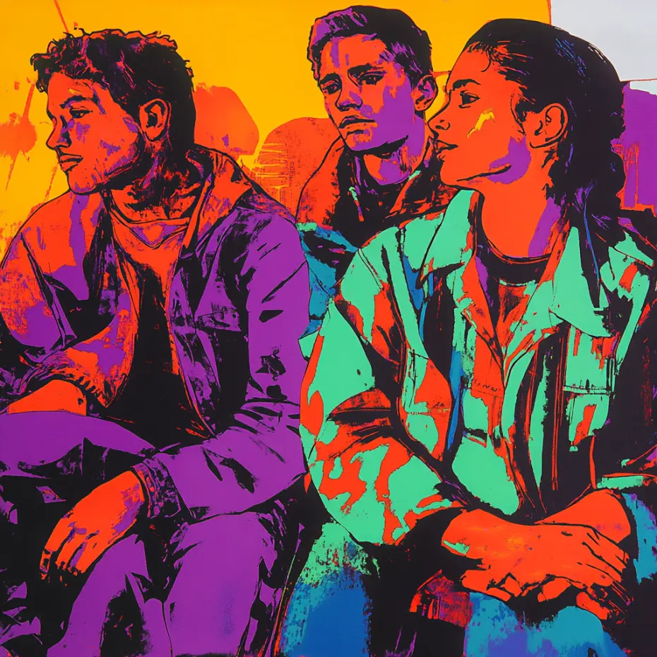 Three people in bold, vibrant colors sit thoughtfully against a bright orange and yellow background, evoking a contemplative mood.
