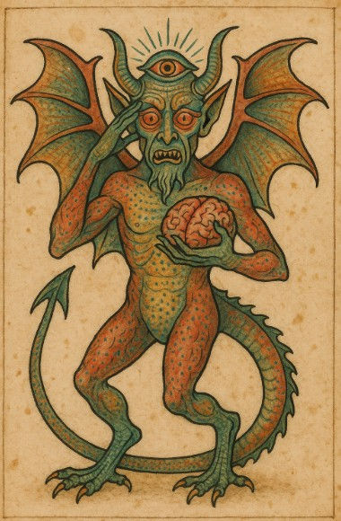 A horned, winged creature with a third eye holds a brain. Its skin is green and red. It stands on a beige background, exuding a mystical aura.
