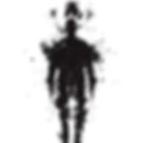 Rorschach inkblot image. using a human figure. representing denail of external relaity. black and shite.