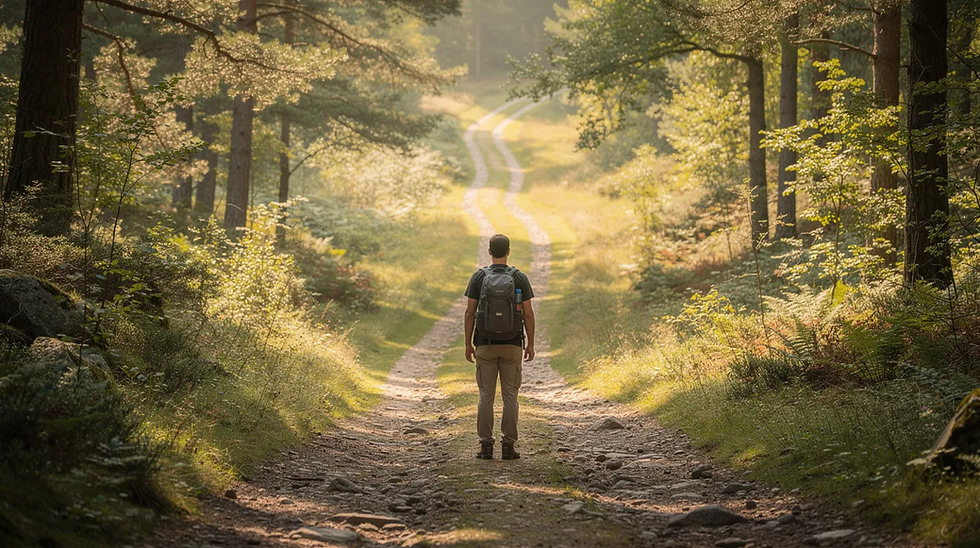Lone hiker with backpack on a sunlit forest trail, surrounded by tall trees and golden light.