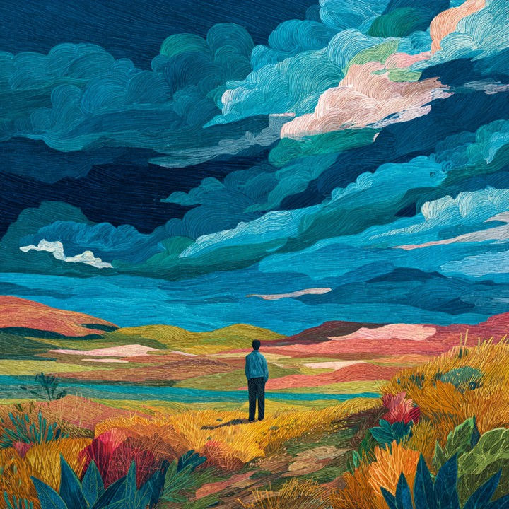 A person stands on colorful grasslands under vibrant, swirling clouds. The scene is serene and contemplative, with dynamic blues and pinks.