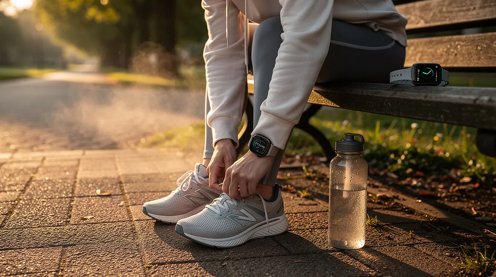 a woman putting on running shoes