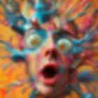 Surreal image of a face with wide eyes and open mouth, covered in colorful paint splashes. Vibrant orange background enhances dynamic scene.