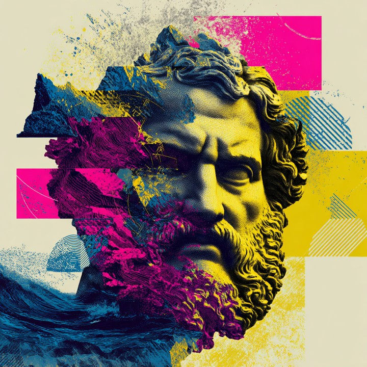 Classical statue head overlaid with vibrant pink, blue, and yellow abstract patterns, creating a dynamic and striking visual effect.