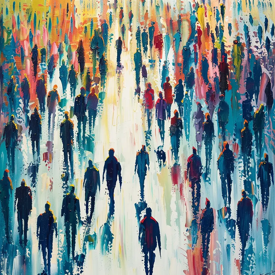 A vibrant abstract painting depicting a large crowd of people in motion, rendered in bold strokes of blue, red, and orange hues. The colorful brushstrokes emphasize the dynamic movement and energy of a busy public space, symbolizing community and social interaction. This image relates to themes of public perception, collective behavior, and community cohesion.