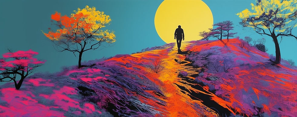 A graphic design image: a person waking up a hill