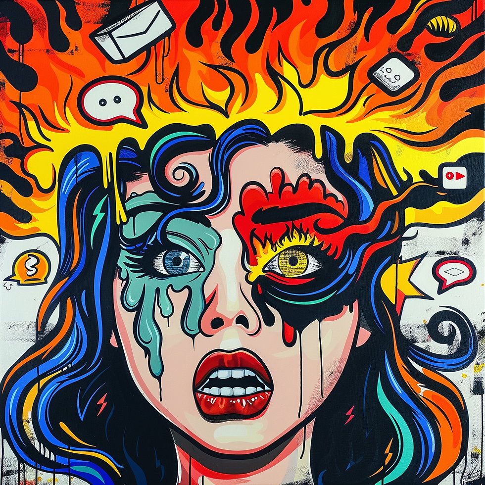 pop art image. multicolored. woman in duress.