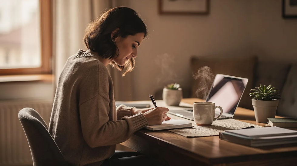 Woman writes in a notebook beside a laptop and steaming mug in a warm sunlit home office with potted plants.