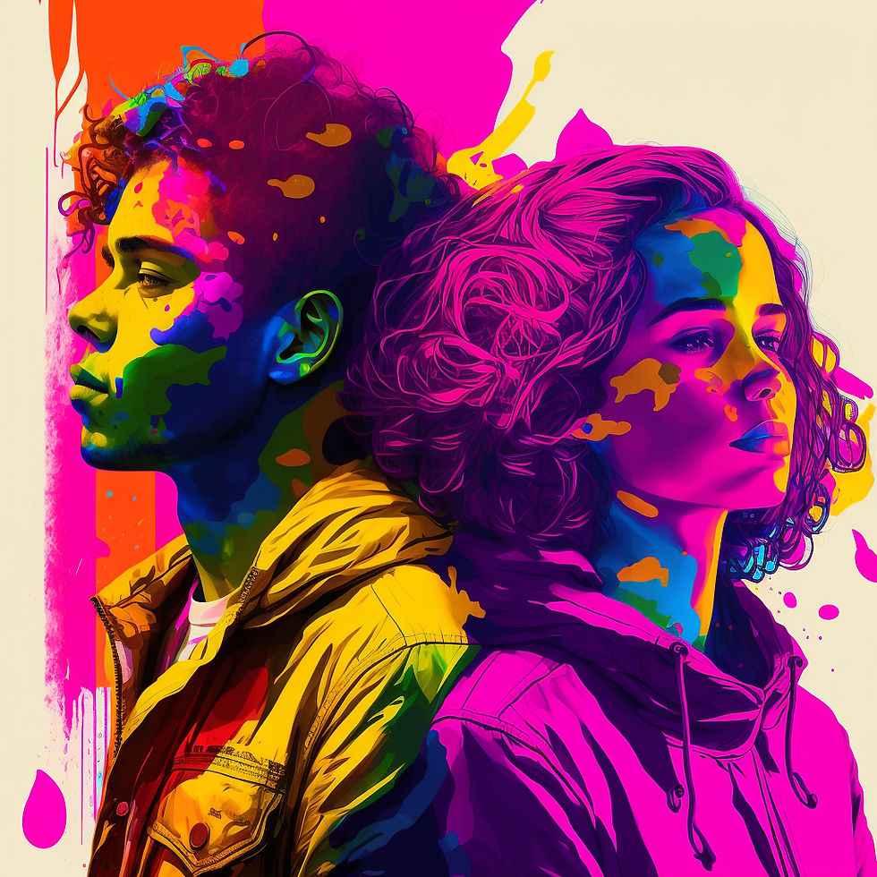 Silkscreen Print. Art Pop Style. Pink Yellow Tan background. Depicting a couple, amle female back to back. 