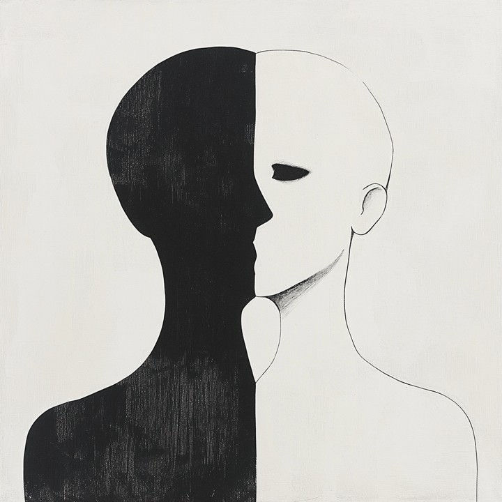 Split face silhouette in black and white, symmetrical and abstract. Minimalist design with a neutral background, creating a dualistic mood.