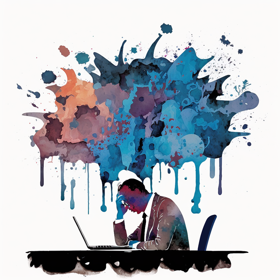 Inkblot art style. man at desk. blue and purble with black