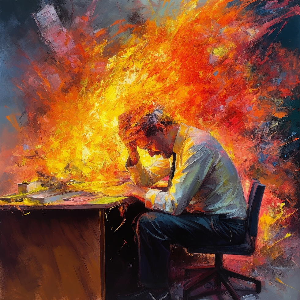 Oil paint art. orange, white. fire. man at desk on fire. symbolizing Burnout Culture in the workplace.