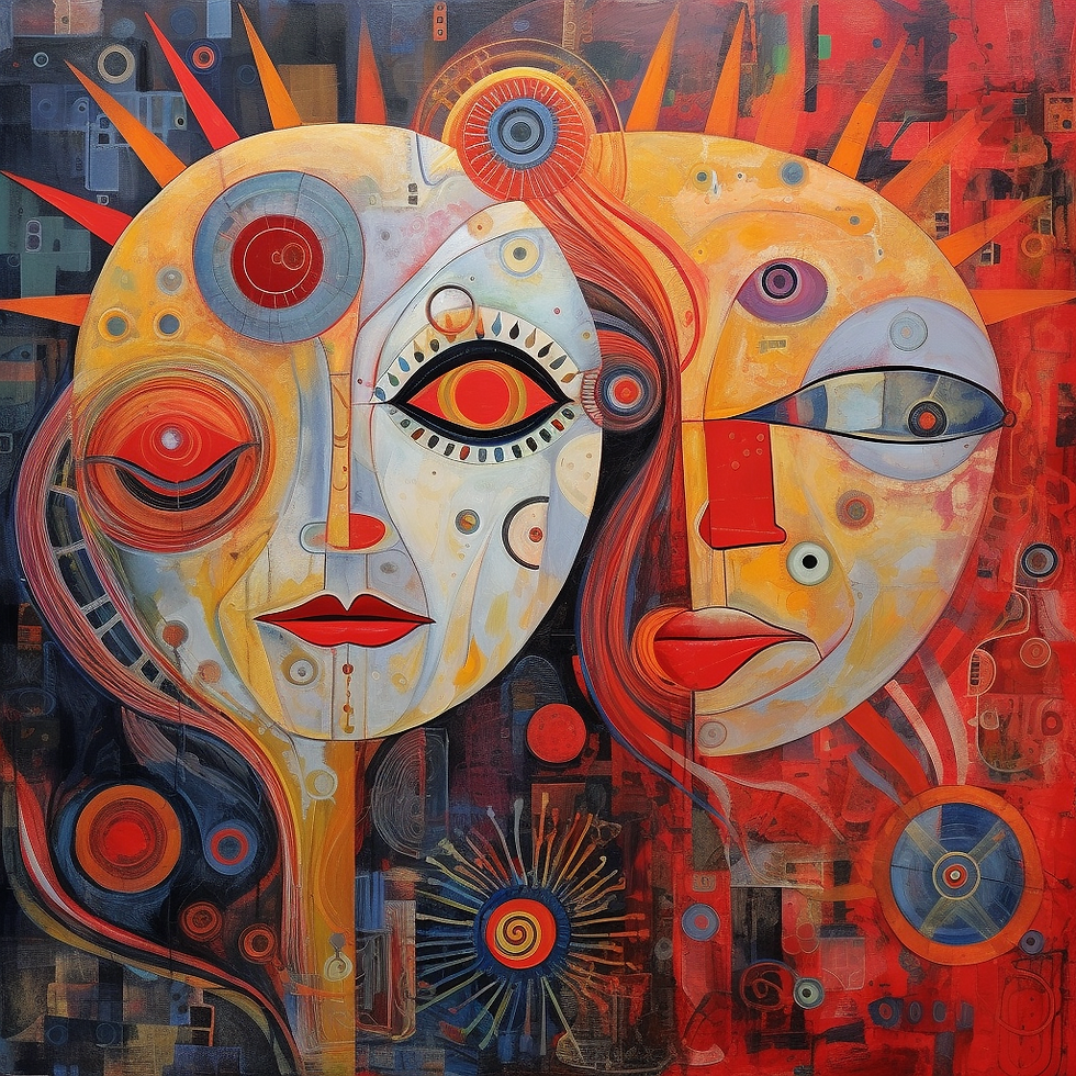 MIXED MEDIA ART. YELLOW, BLUE, WITE. 2 HEADS. ABSTRACT SURREALIST STYLE.