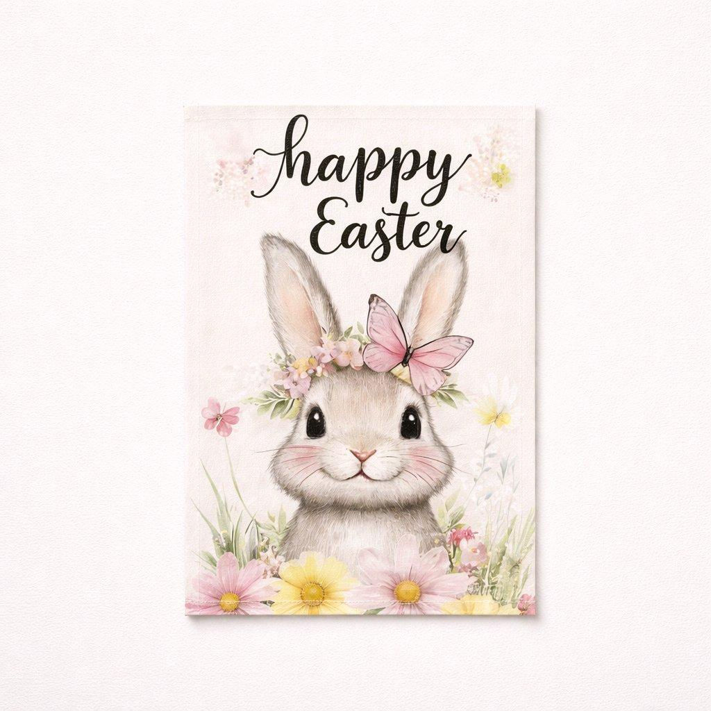 1 HAPPY EASTER HOLIDAY FLORAL WITH BUNNY DESIGN GARDEN FLAG FRONT VIEW