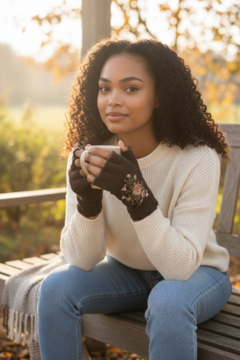 WOMENS DARK BROWN EMBROIDERED FINGERLESS GLOVES FRONT VIEW
