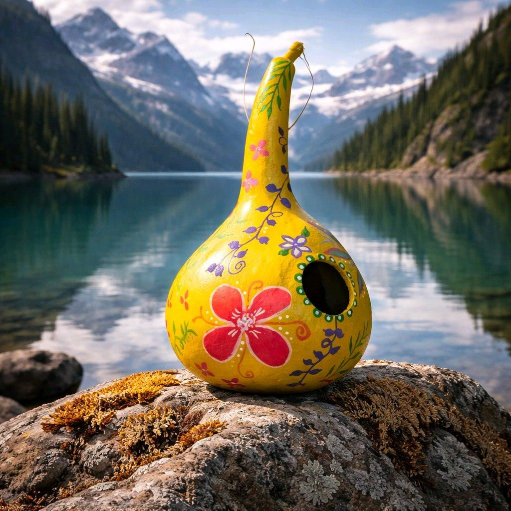 1 BRIGHT YELLOW FESTIVE HAND PAINTED GOURD BIRDHOUSE FRONT VIEW