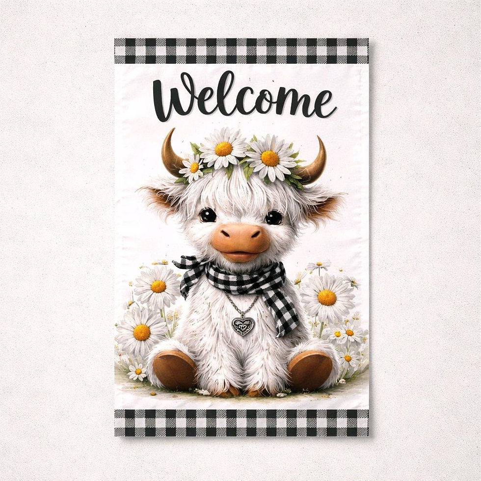 1 WELCOME HIGHLAND COW GARDEN FLAG WITH DAISIES FRONT VIEW