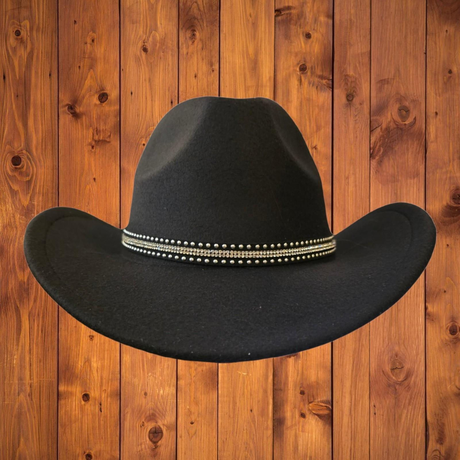 CLASSIC BLACK FELT WESTERN CROWN COWGIRL HAT WITH SILVER AND RHINESTONES FRONT VIEW