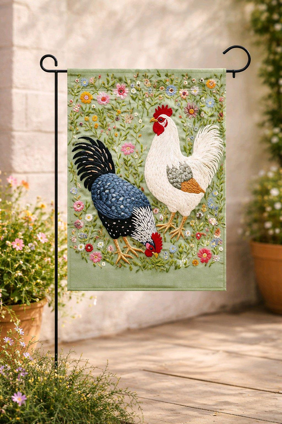 Thumbnail: 3 VINTAGE CROSS-STITCH LOOK WITH CHICKENS IN THE FLOWERS GARDEN FLAG IN THE GARDEN
