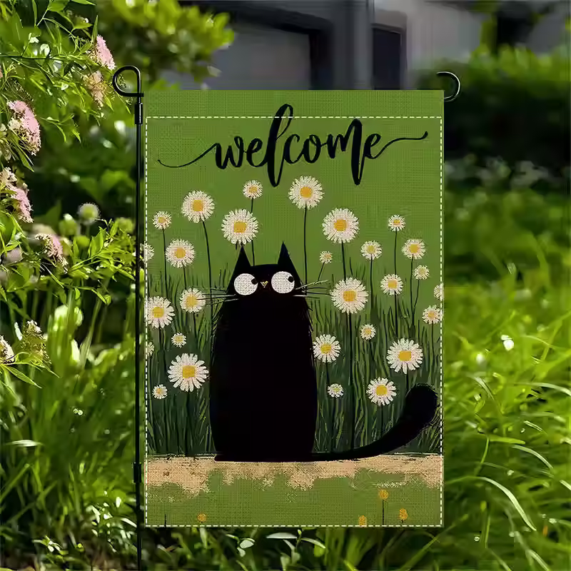 CUTE CAT AND DAISIES GARDEN FLAG