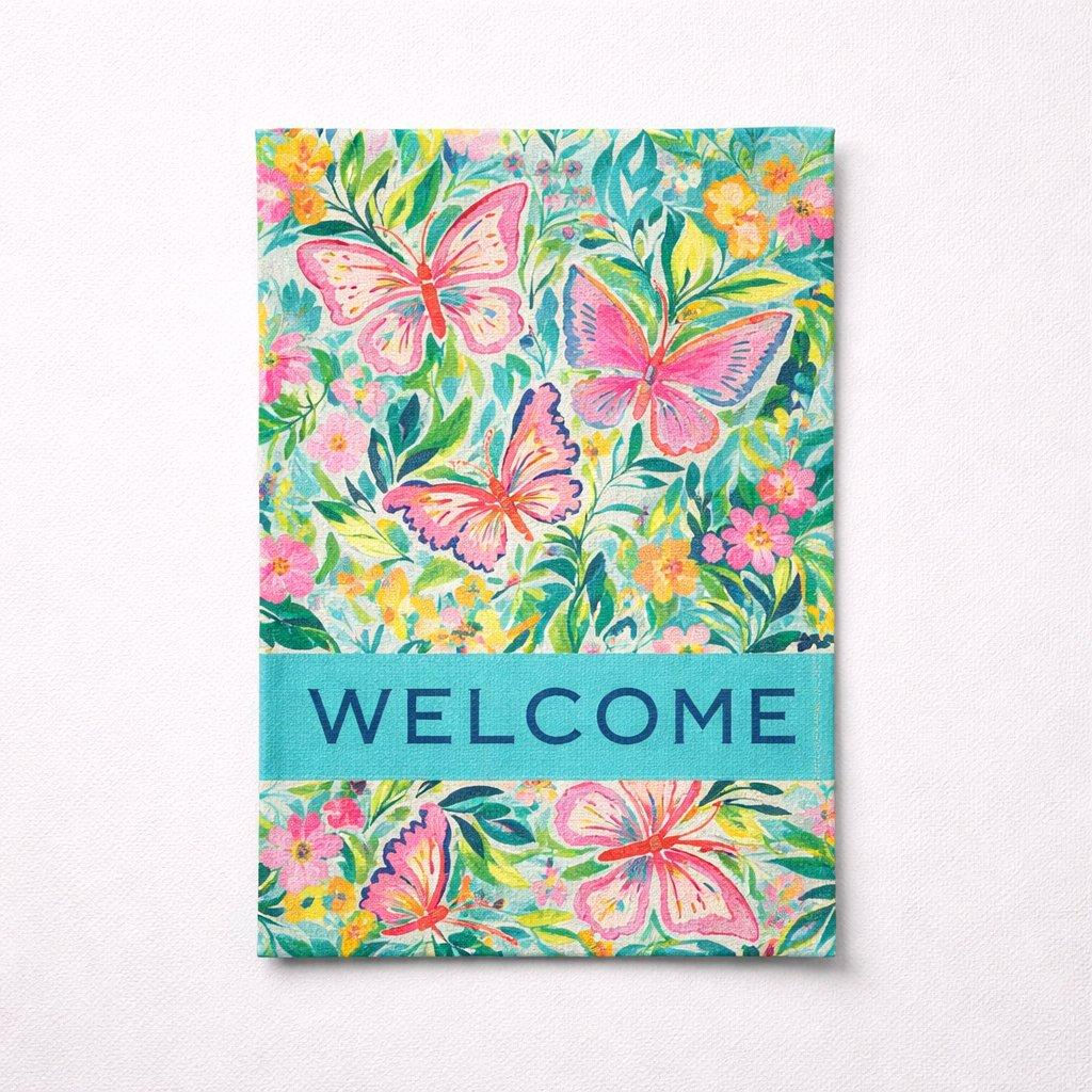 1 WELCOME SPRING GARDEN FLAG BUTTERFLYS AND FLOWERS FRONT VIEW