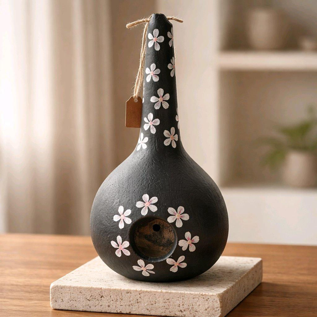 1 BLACK WITH WHITE AND PINK FLOWERS HAND-PAINTED GOURDBIRDHOUSE FRONT VIEW