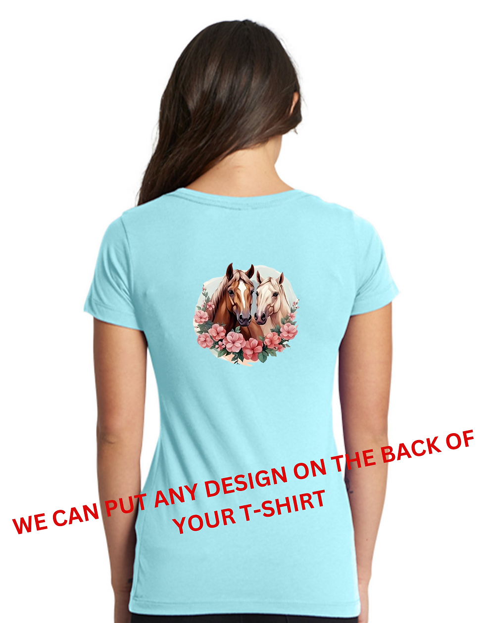 BACK TEAL GREEN BEAUTIFUL TWO HORSES WITH FLOWERS DESIGN WESTERN WEAR T-SHIRT