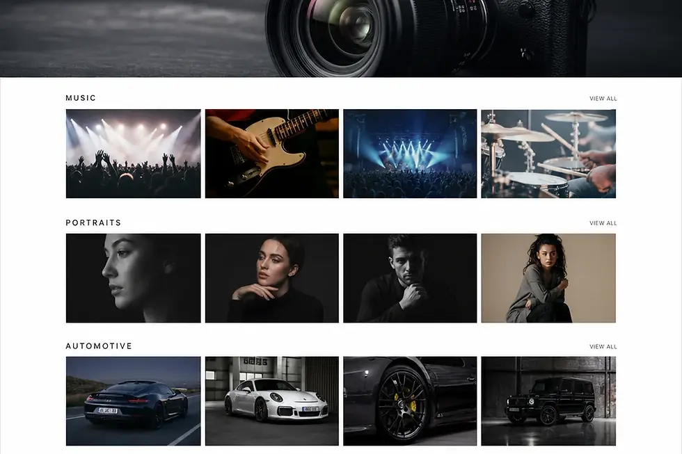 Overzicht van een fotografie portfolio website met werk gecategoriseerd per niche: muziek, portretten, automotive en editorial in een clean grid layout