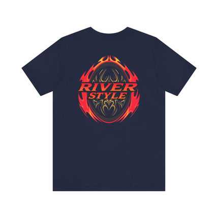 River Style Flames logo on a navy blue tank