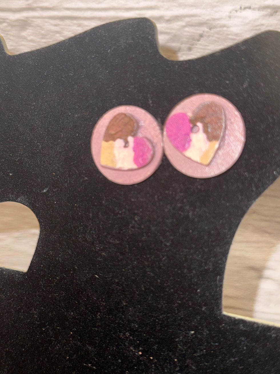 Small layered pink and purple hand-painted wooden stud earrings from The Nett Effect by ToyChelle Designs