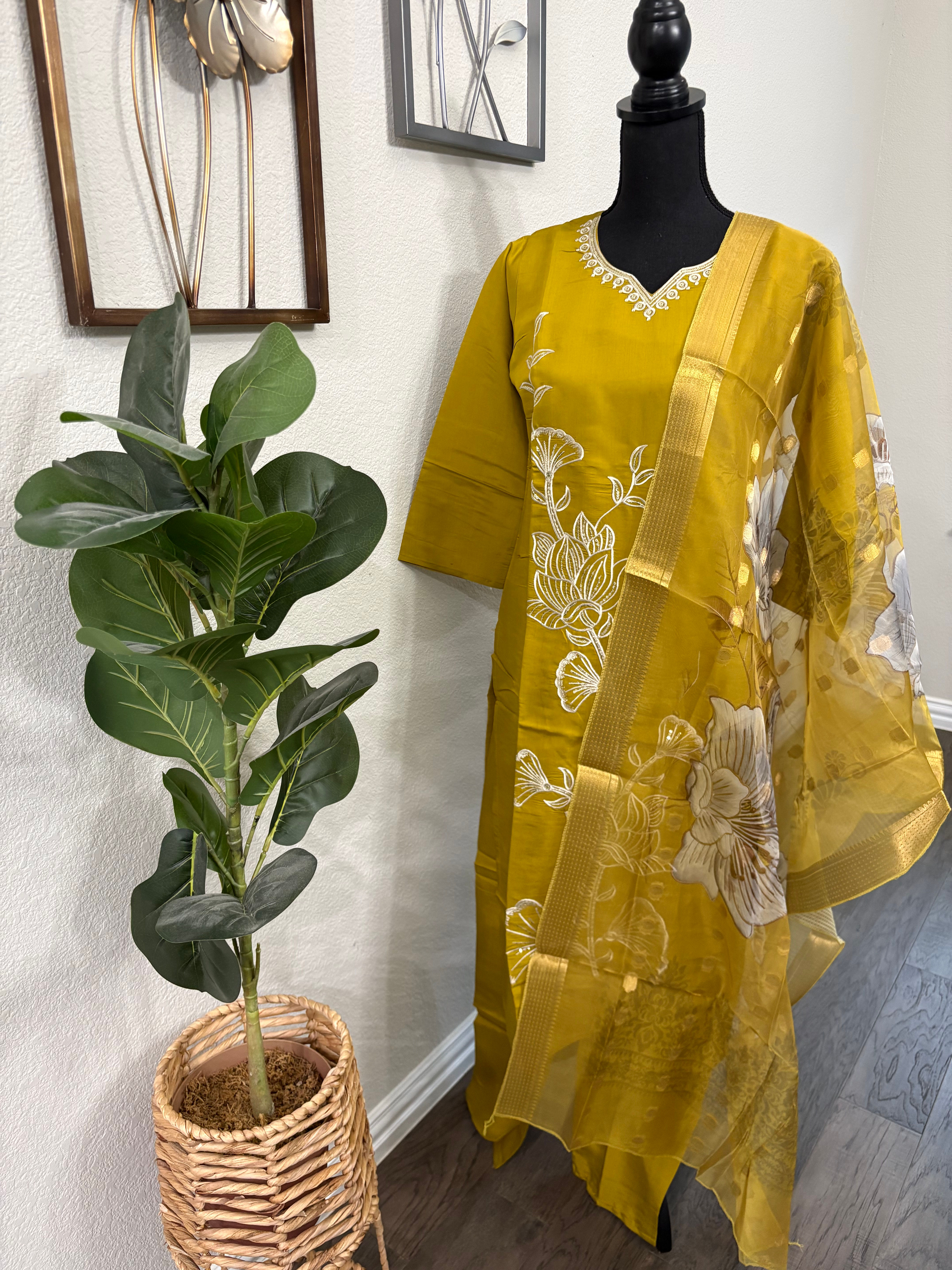 Roman Silk kurti with floral work and Dupatta