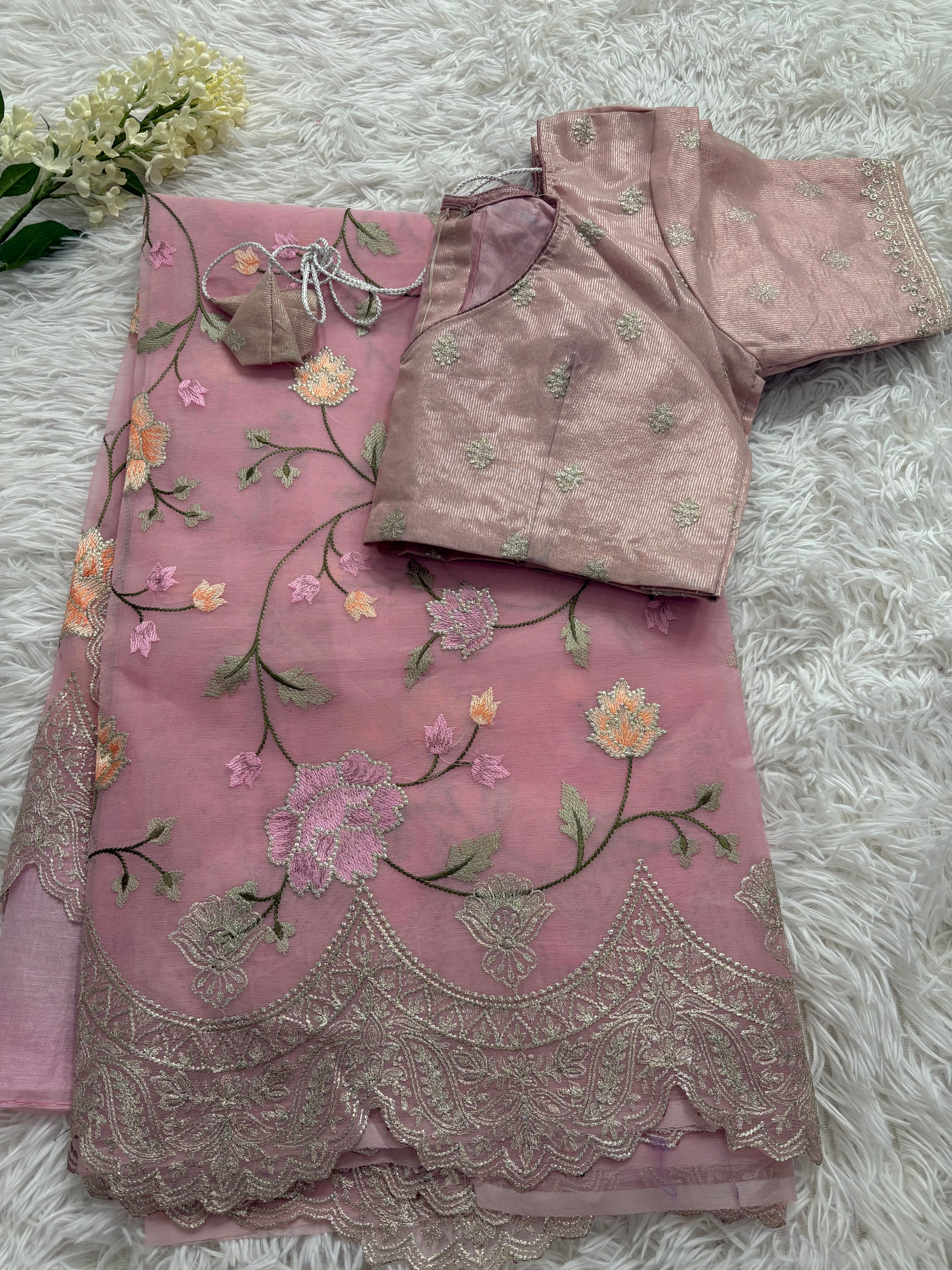 Designer Organza saree with all over chikankari work and stitched blouse 