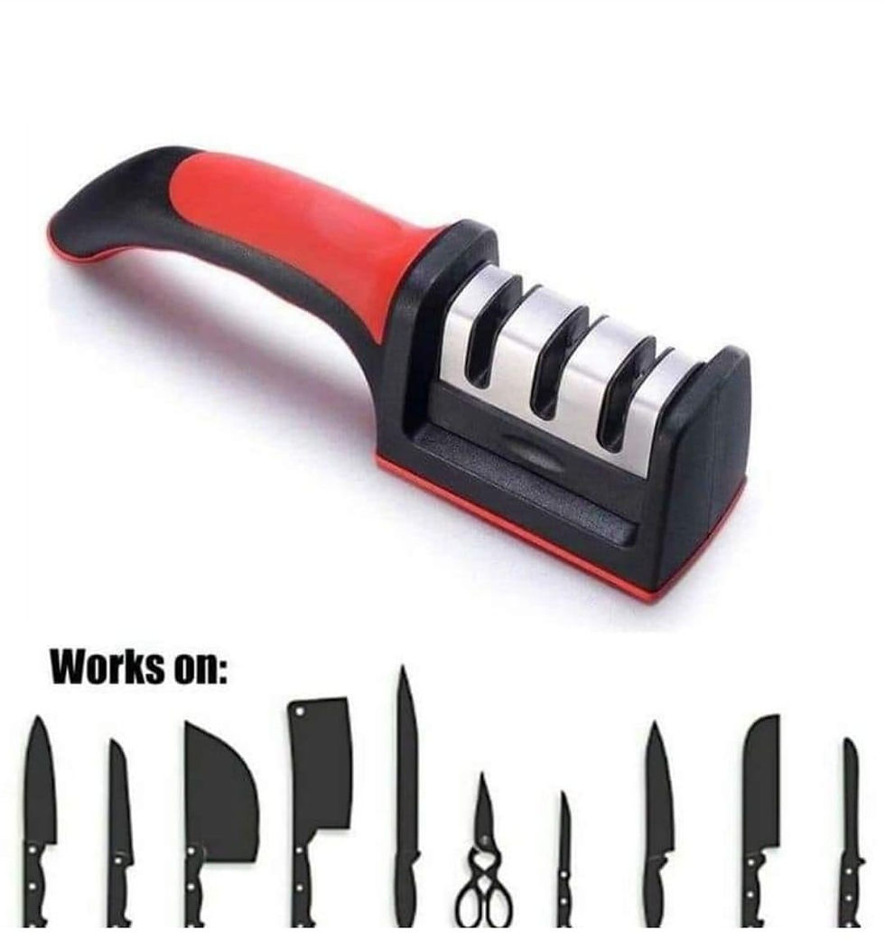 Red and black knife sharpener, Works on: various knives and scissors